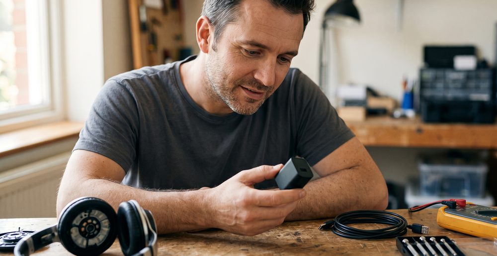 Dave, founder of BestofBuyer, examining a USB charger at his workbench