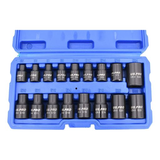 US PRO 17-piece impact E-Torx star socket set in a blue case, E5 to E24