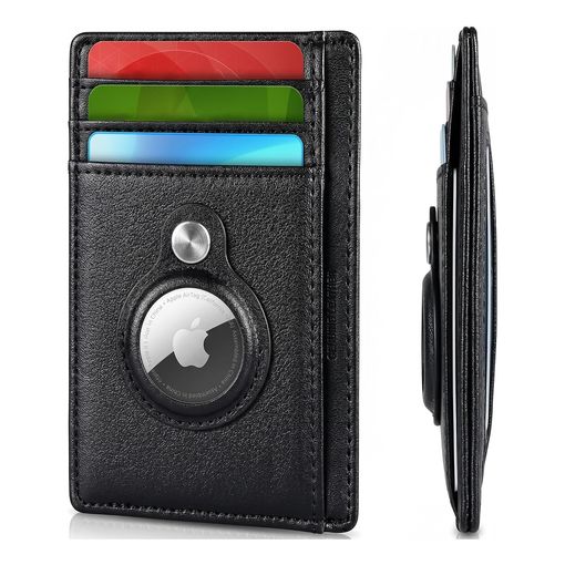 KF-Premium slim AirTag card holder wallet in black PU leather with stud-fastened tracker cradle