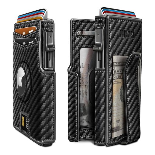 miyozi AirTag wallet in carbon fibre finish with pop-up metal card holder and money clip