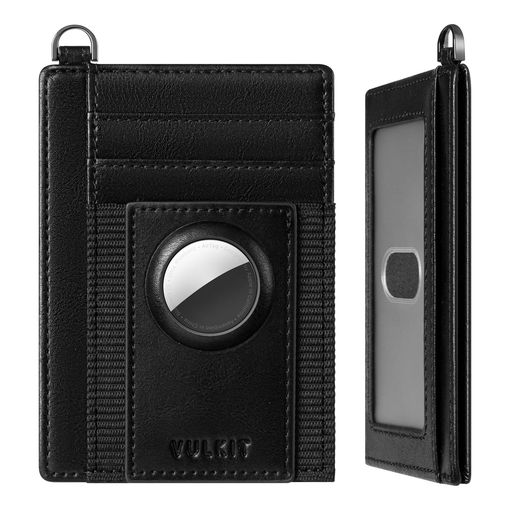 VULKIT slim black leather AirTag wallet with a D-ring keychain loop and front tracker cutout