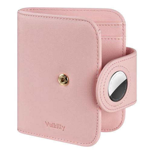 Vulkitty women's small pink PU leather purse with a snap-closure AirTag holder on the side