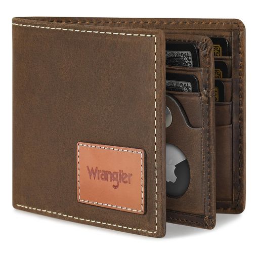 Wrangler men's bifold slim genuine leather wallet with a stealth AirTag holder inside