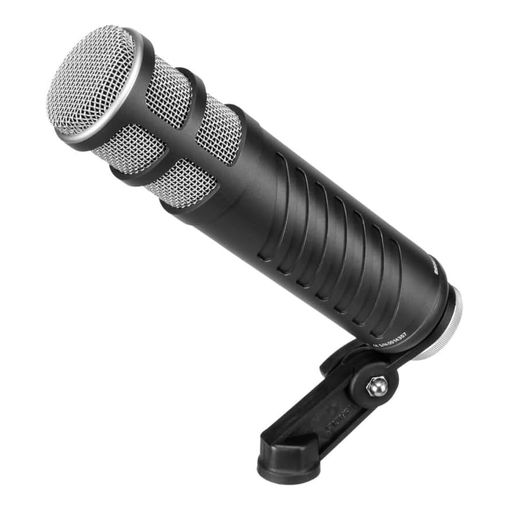 RODE Procaster dynamic broadcast microphone in black with stand mount attached
