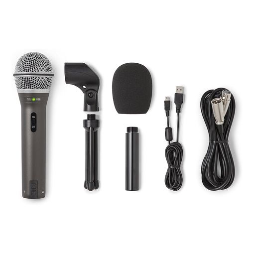 Samson Q2U USB and XLR dynamic microphone with tripod stand, clip, windscreen and cables