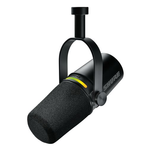 Shure MV7+ USB-C and XLR podcast dynamic microphone in black with LED touch panel and yoke mount